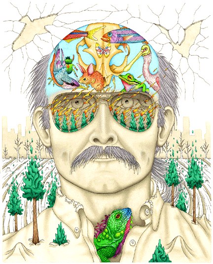 Self Portrait, 1996: the artist in mirrored sunglasses reflecting a forest, creatures pouring from an open skull, a lizard at his collar.