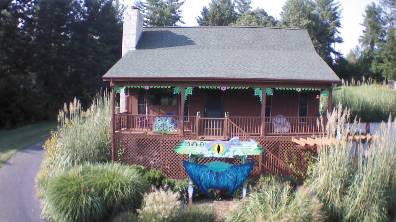 A cabin with a green-trimmed porch; a blue sculpted form and a painted sign stand among tall ornamental grasses in front.