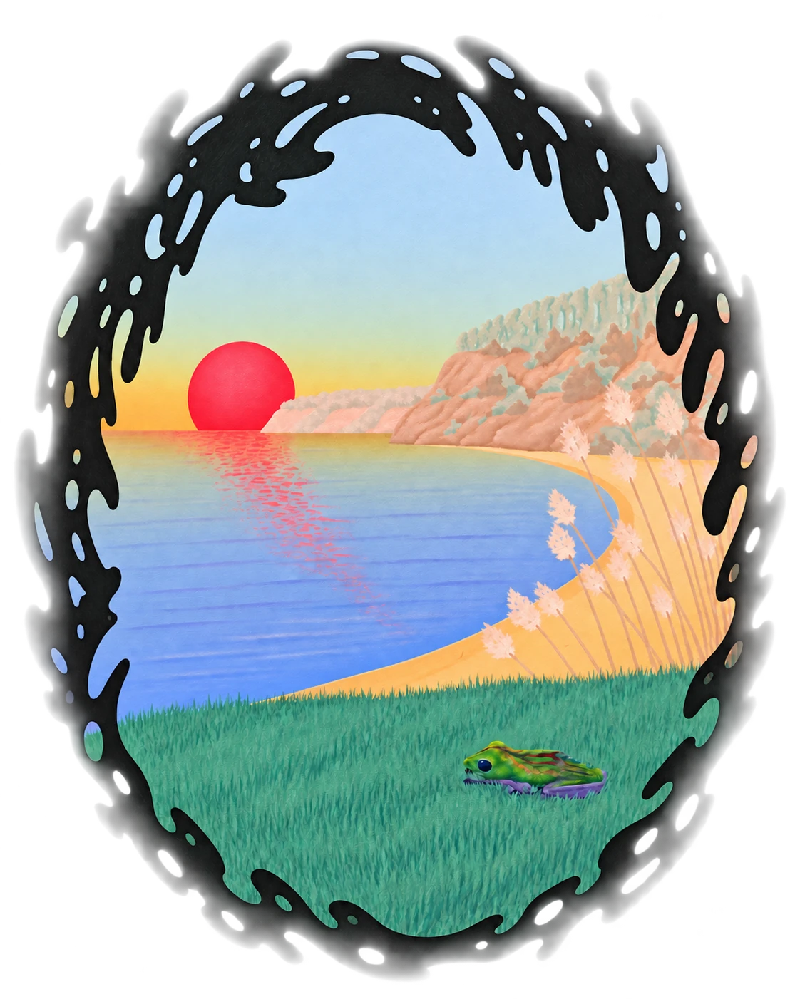 An organic oval portal opens onto a red sunset, pastel cliffs and water, with a green tree frog in the grass.