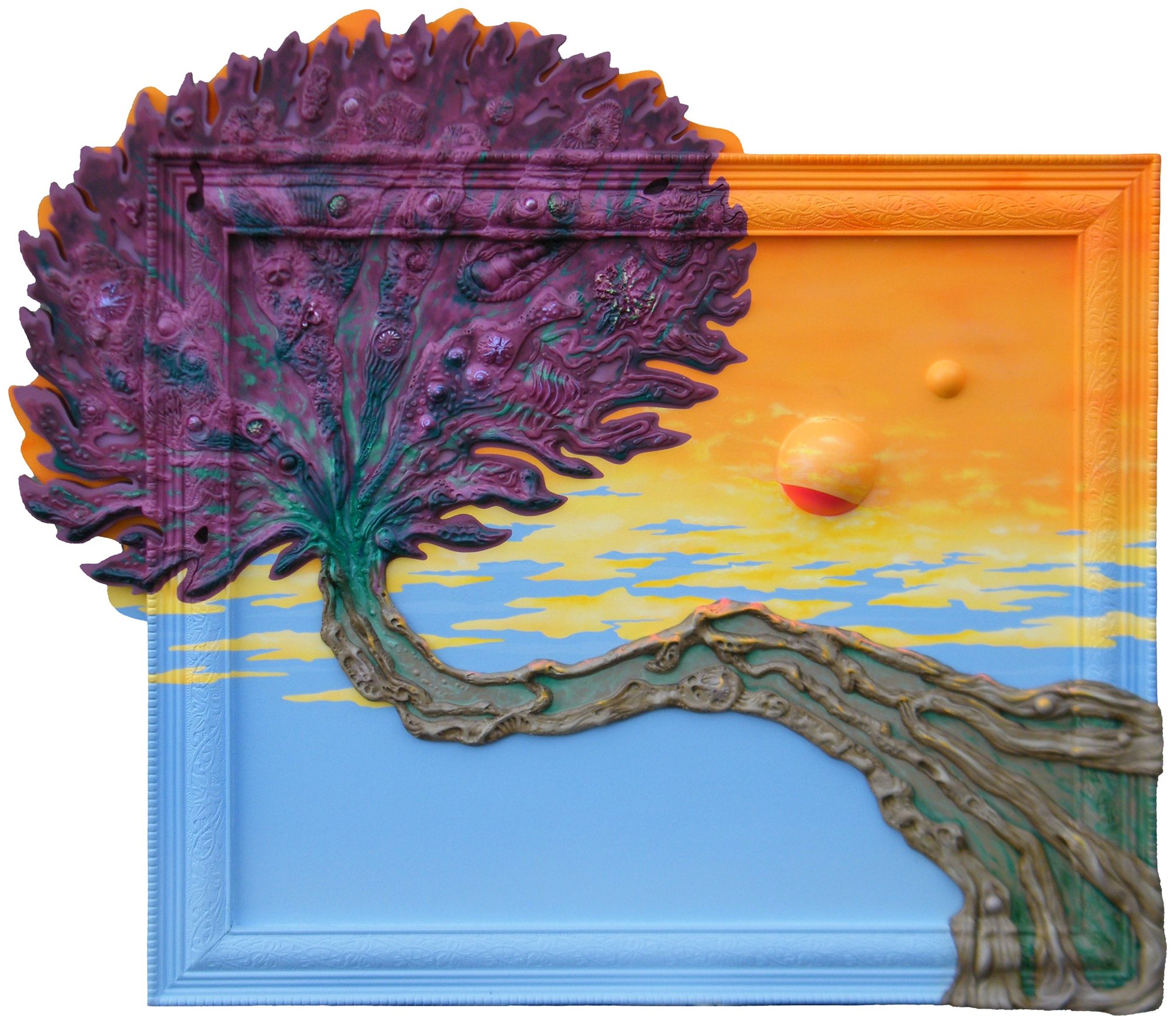 A purple tree reaches beyond an orange picture frame.