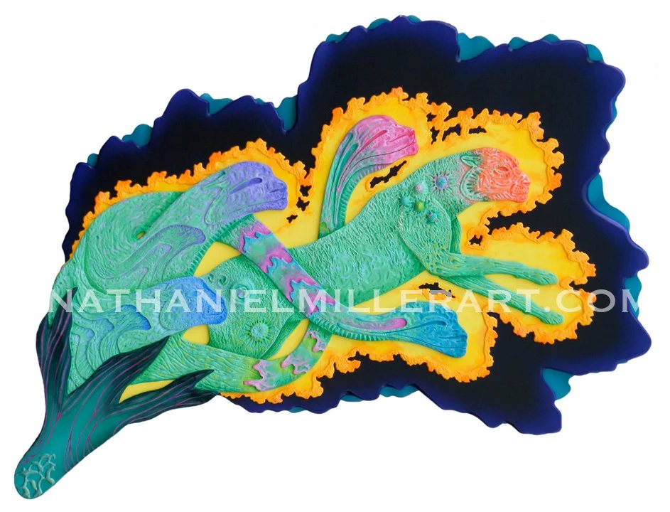 Organic green and violet shapes unfold within a deep blue outline.
