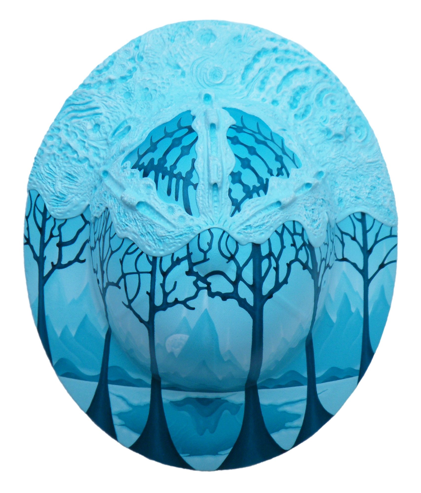 A blue forest and a winged form share an oval composition.