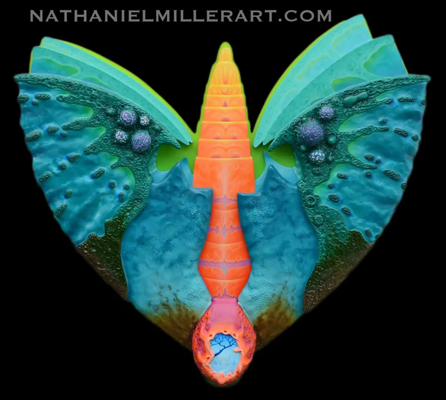 A brightly colored winged sculpture against a black background.