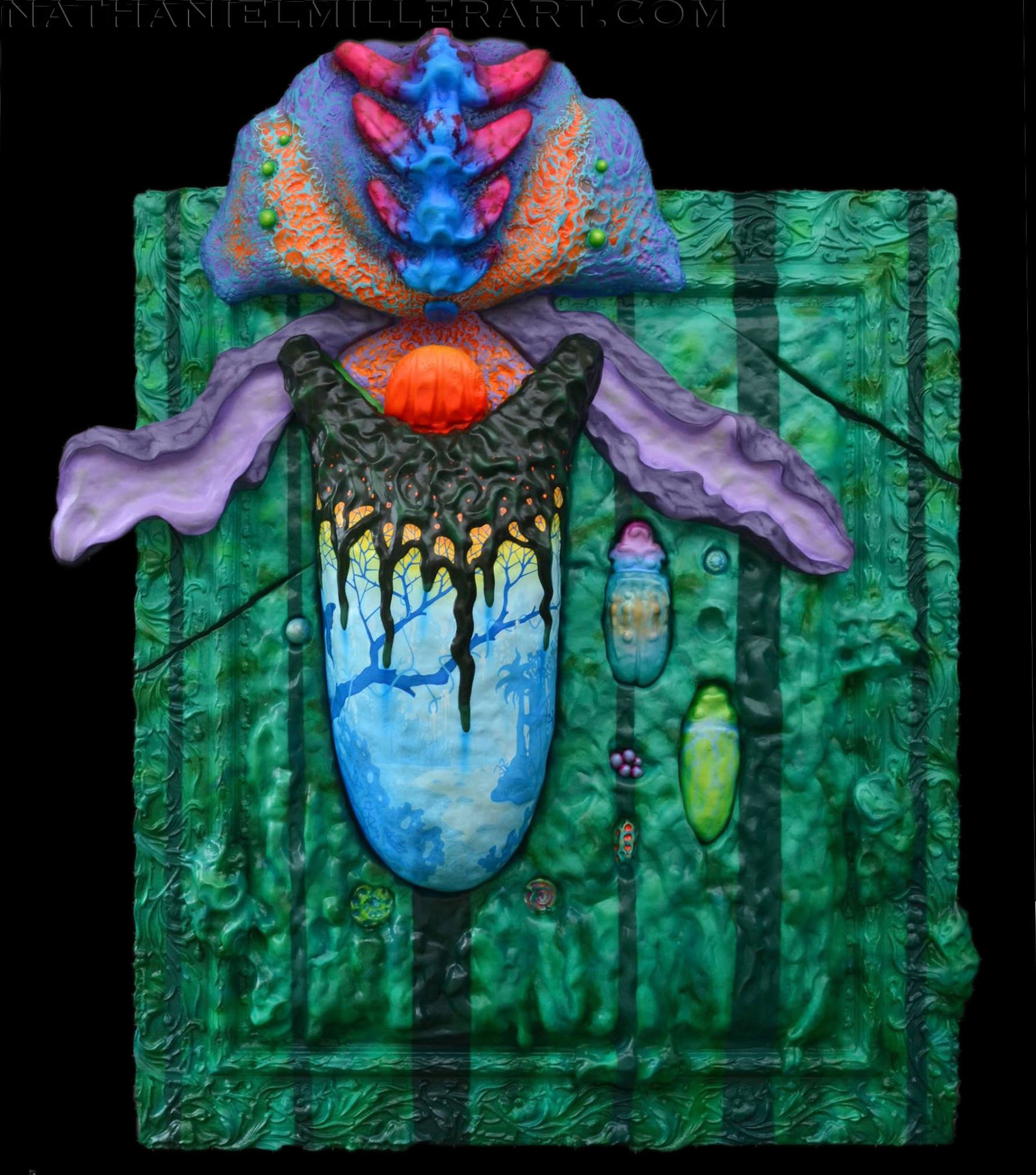 An organic sculptural form emerges from a green forest panel.