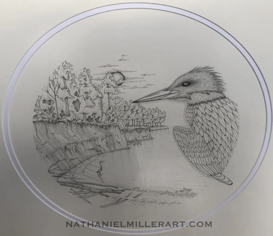 A detailed circular drawing of a bird and its woodland habitat.
