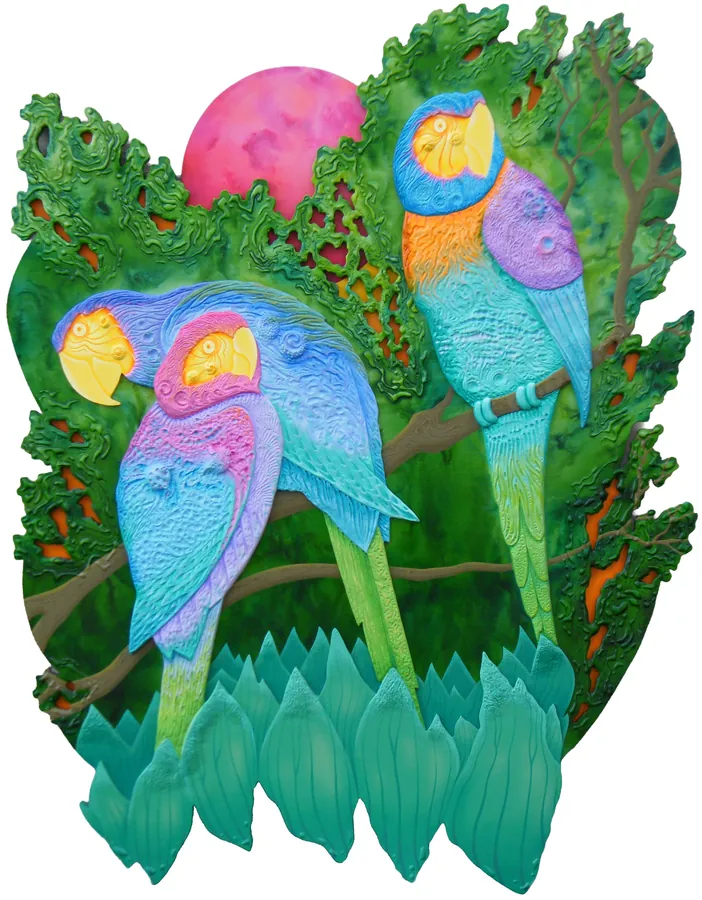 Two vividly colored birds overlap with a green forest.