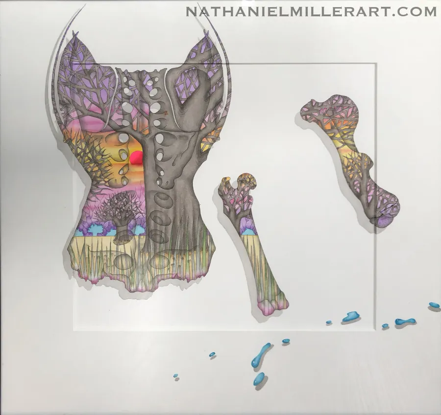 A cat-like figure and separate organic forms in a detailed drawing.