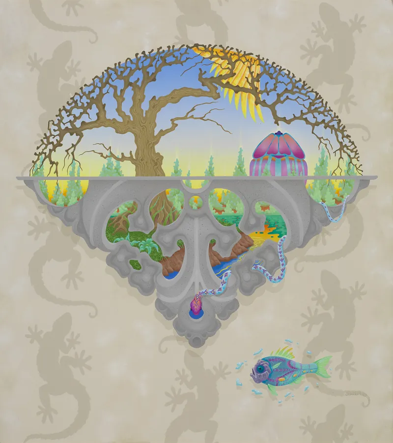 A circular tree landscape opens into an intricate world of organic shapes.
