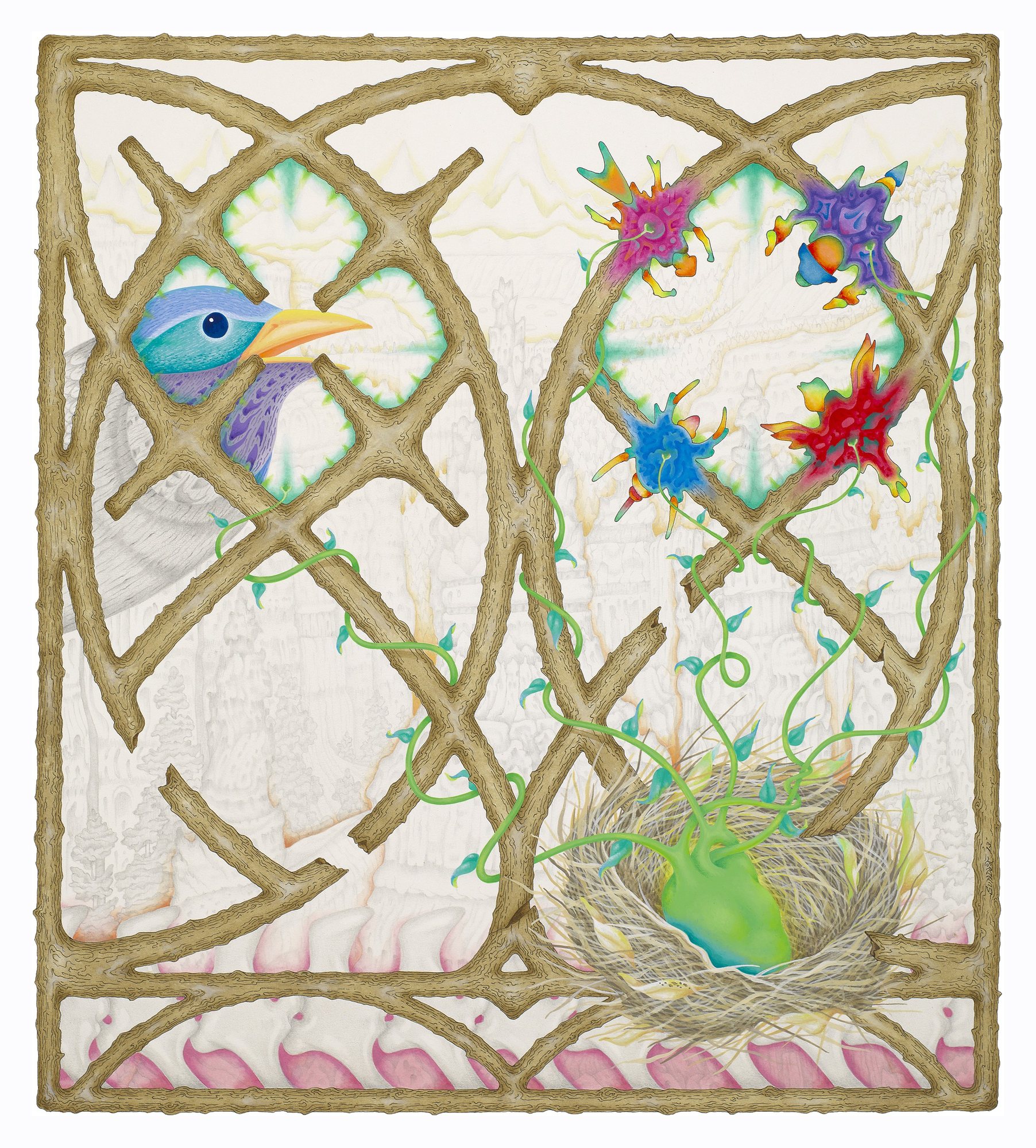 A blue bird among interlacing branches with red and blue flowers, above a nest.