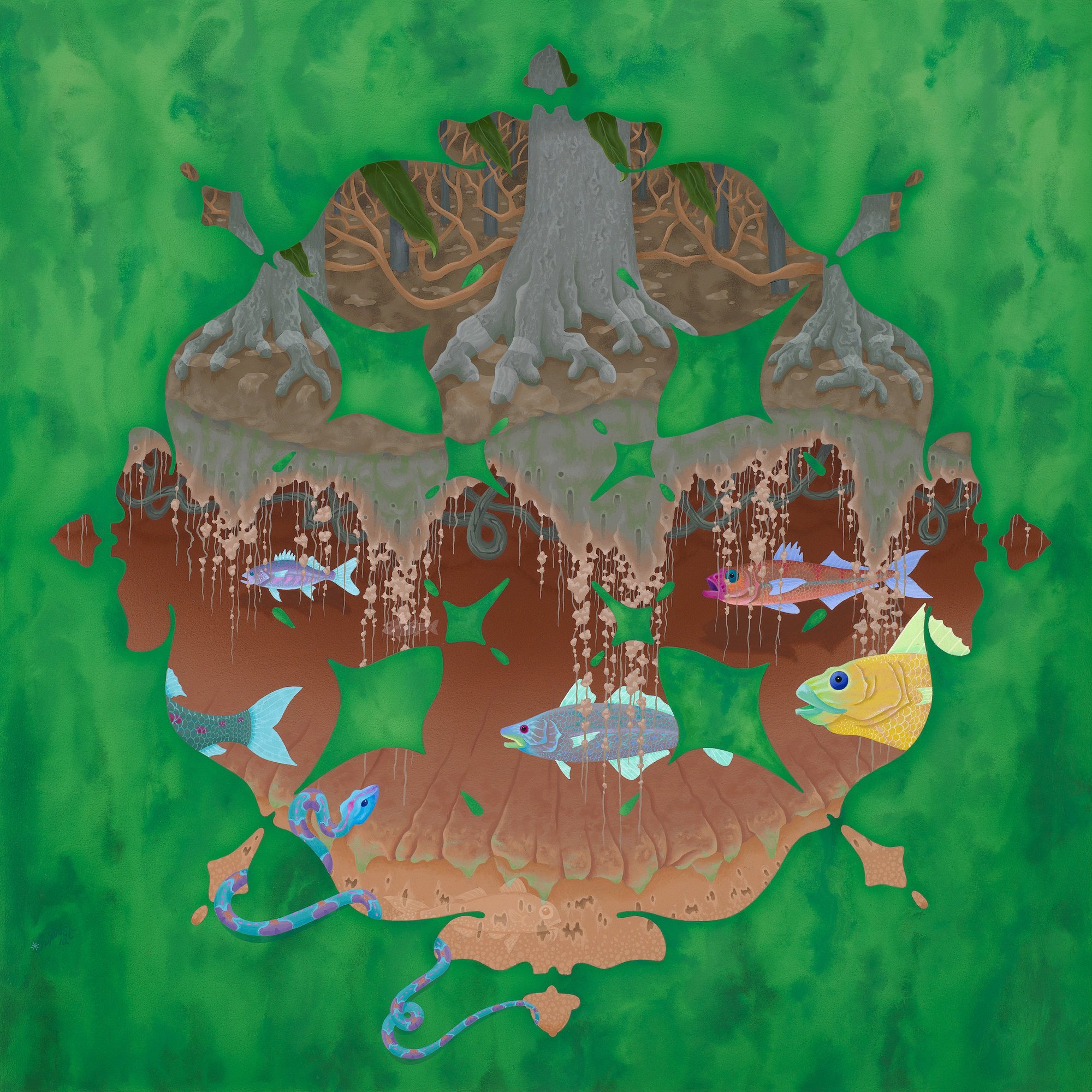 A rounded brown landscape of trees and roots, with fish swimming through it, on a mottled green ground.