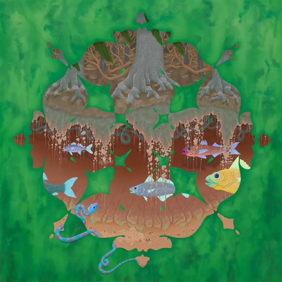 A rounded brown landscape of trees and roots, with fish swimming through it, on a mottled green ground.