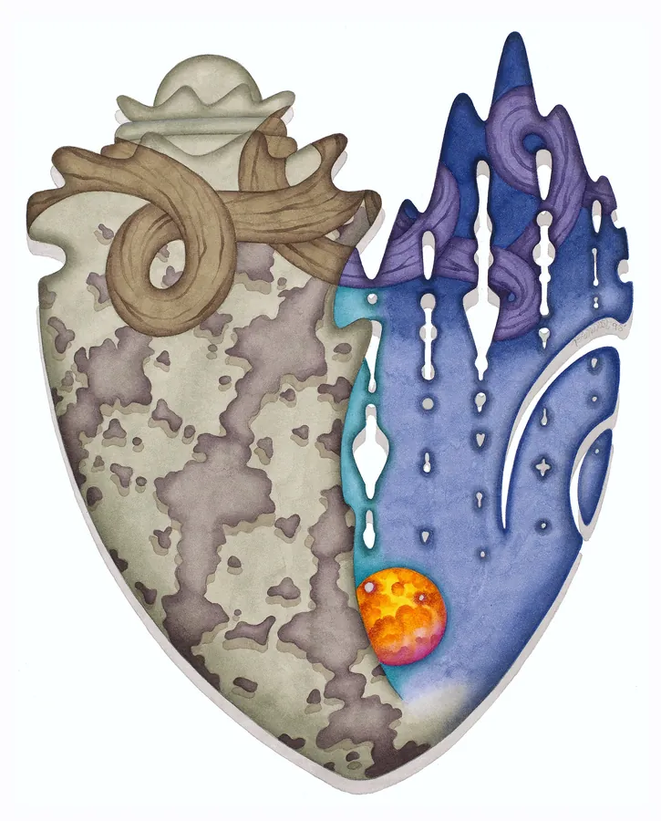 A shield-shaped form, half cracked stone tied with a knotted rope, half a blue night of spires with an orange planet.