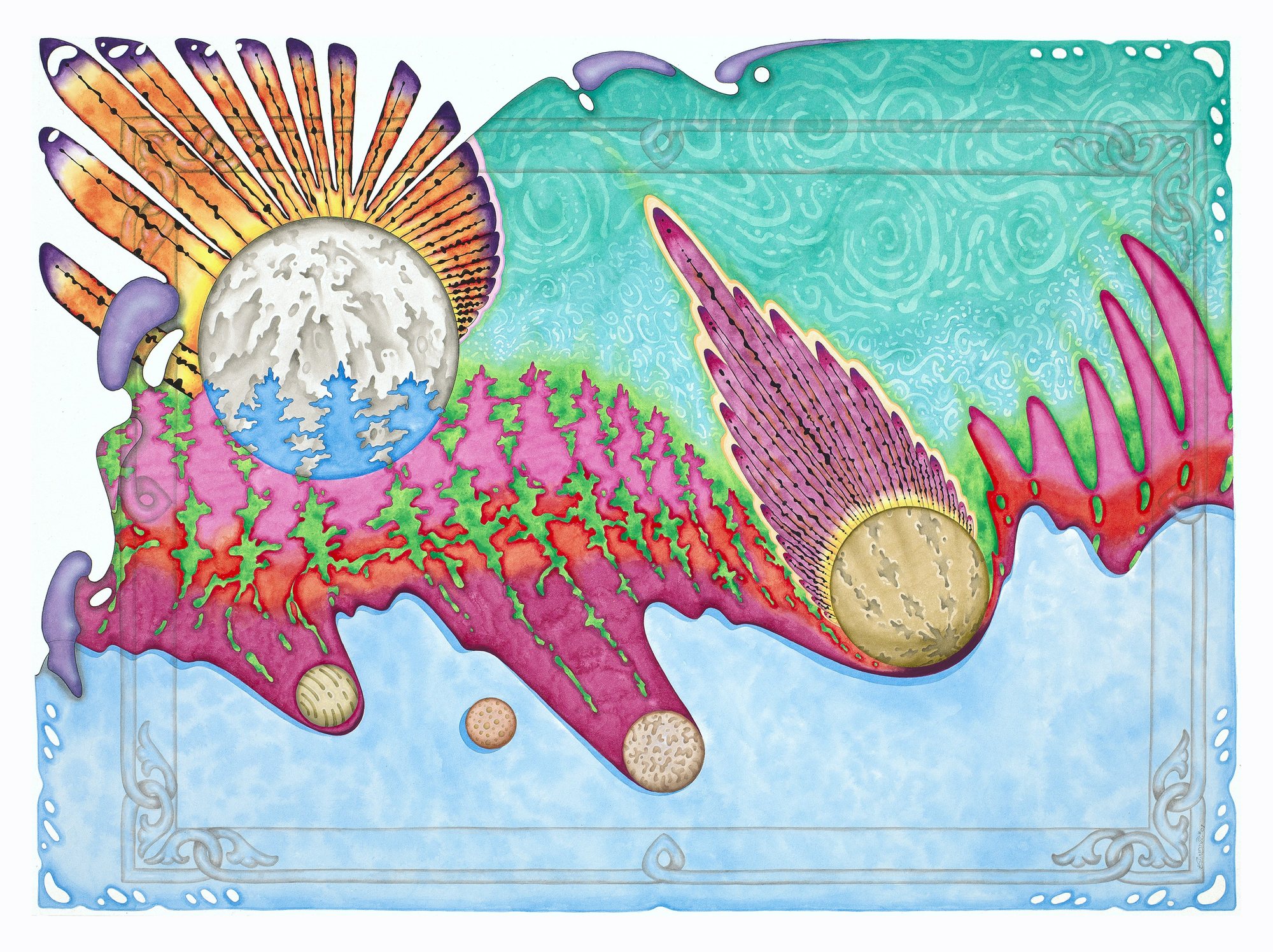 A spiny pink-and-green landscape crosses a pale blue sky, with a white moon in a fan of rays and a feathered comet.