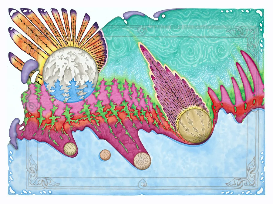 A spiny pink-and-green landscape crosses a pale blue sky, with a white moon in a fan of rays and a feathered comet.