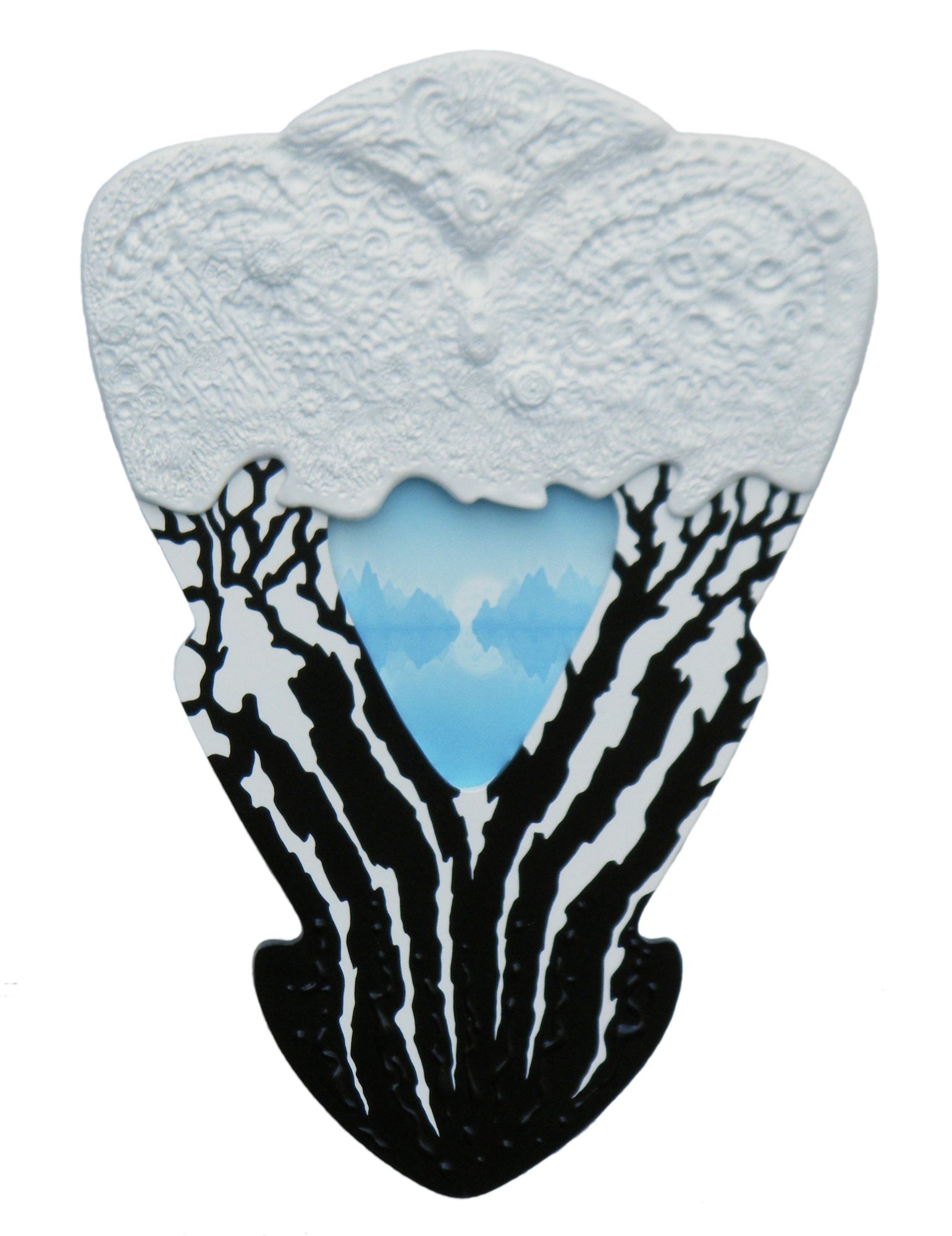A white carved relief with black tree silhouettes around a pale blue opening.