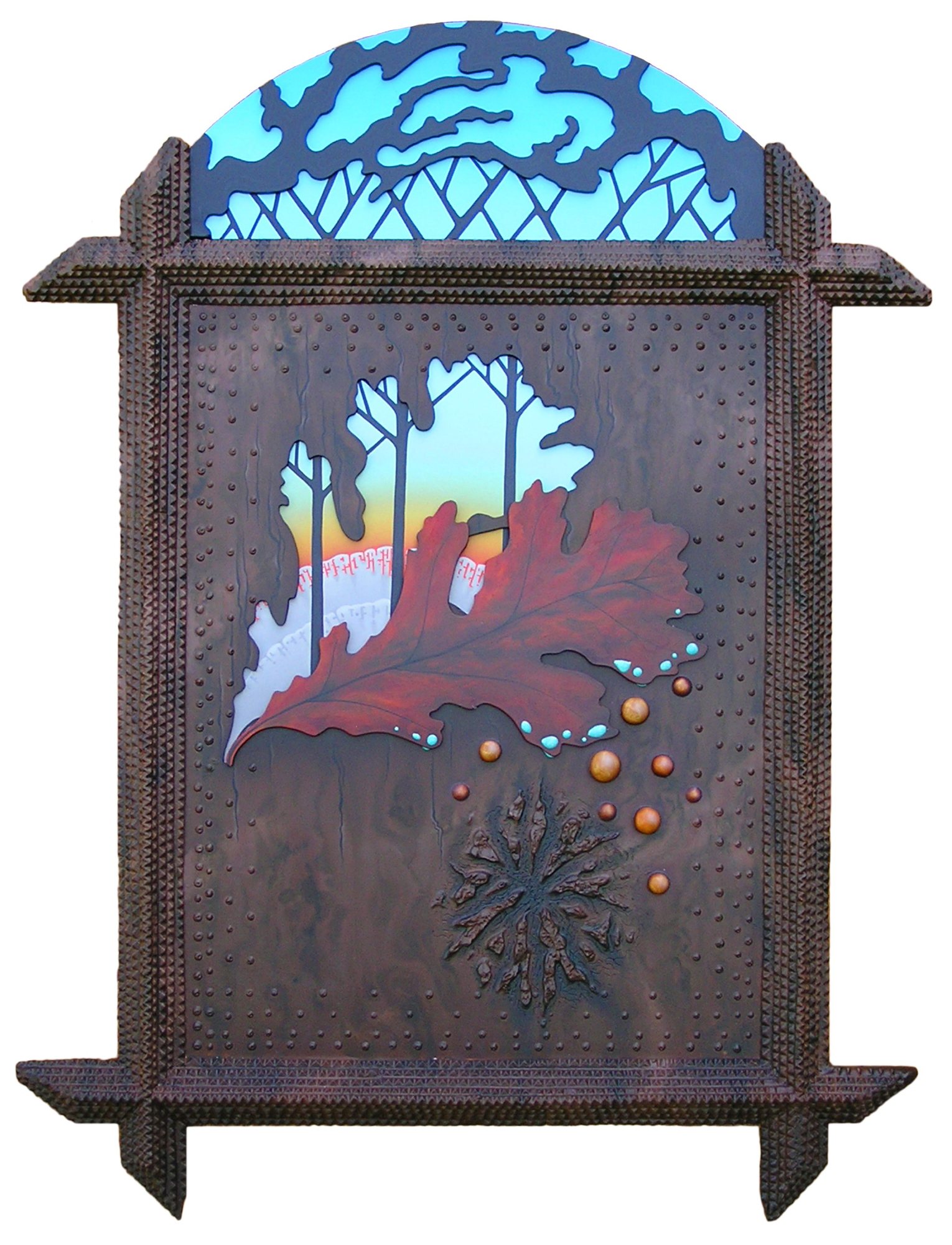 A red oak leaf and a cut-out woodland scene in a dark, studded wooden frame with an arched top.