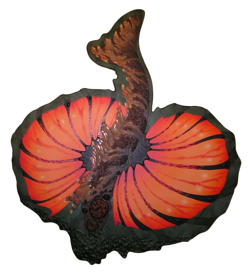 An orange, fan-ribbed shell form with a dark curling stem rising from its center.