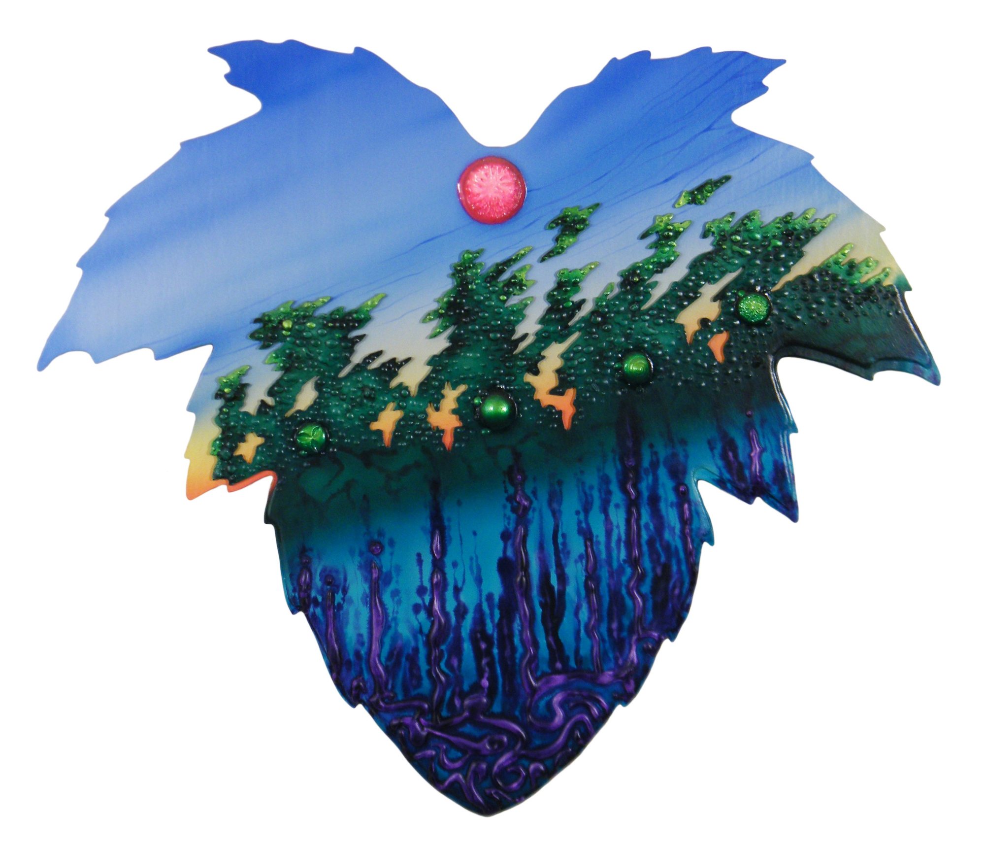 A leaf-shaped relief holding a dark forest reflected in blue water beneath a red sun.