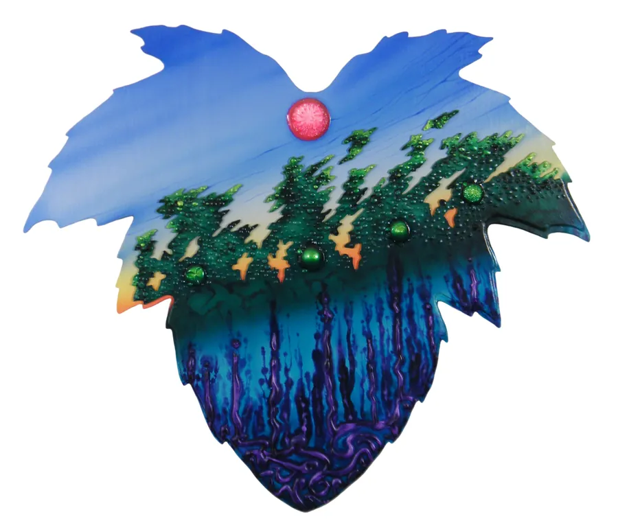 A leaf-shaped relief holding a dark forest reflected in blue water beneath a red sun.