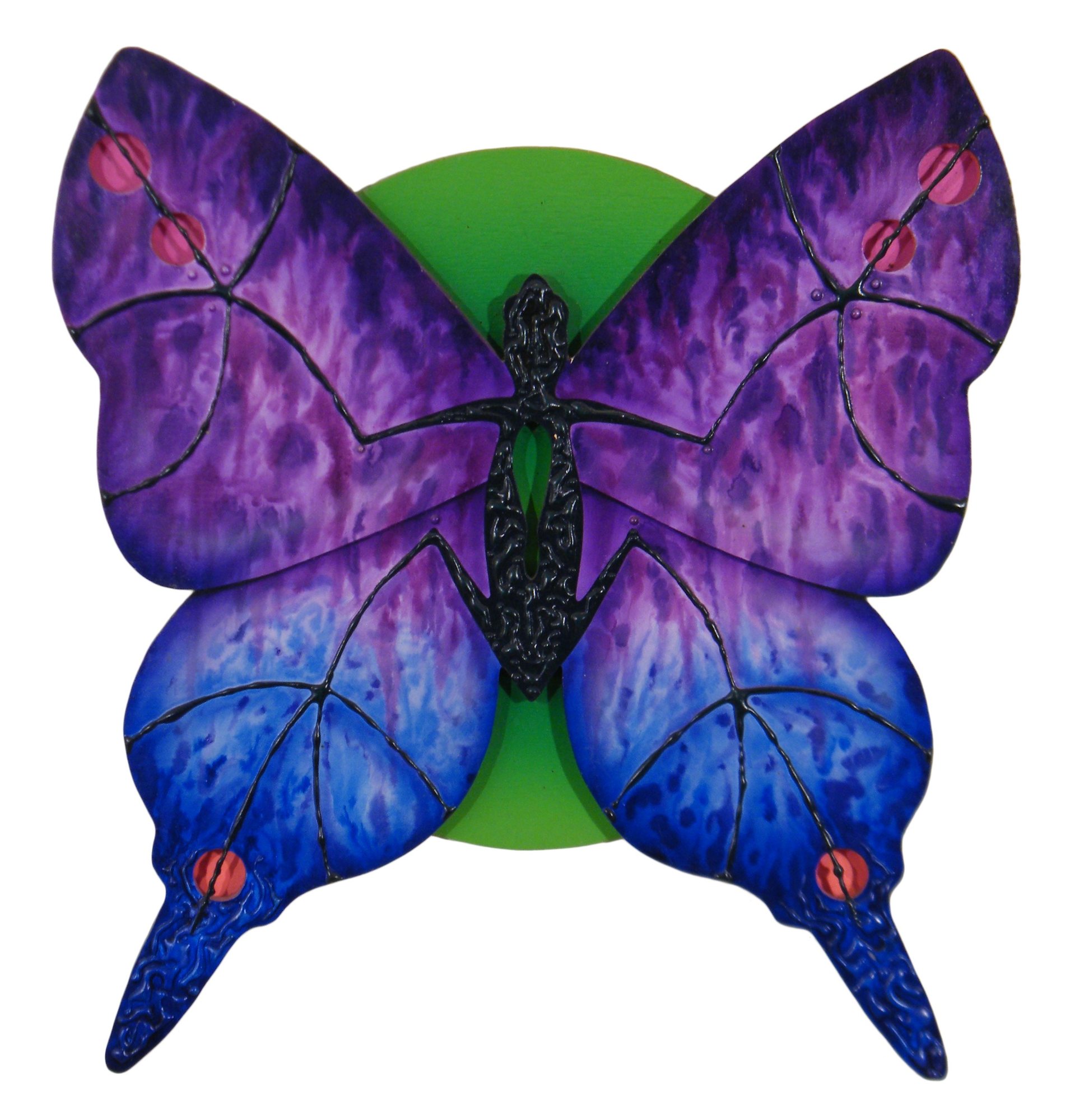 A purple-and-blue butterfly spreads its wings over a green circle.