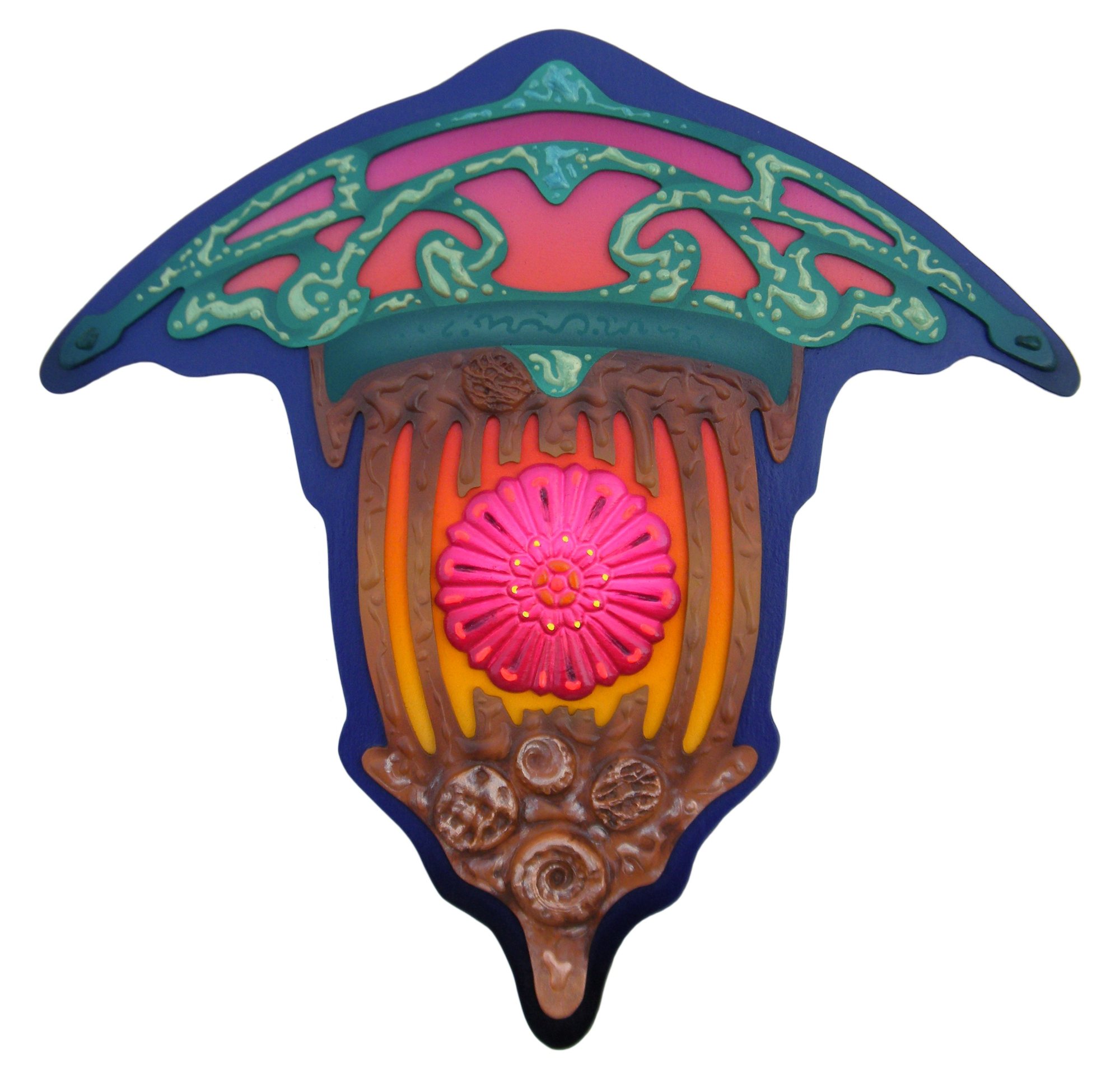 A lantern-like form with a teal canopy, glowing orange ribs, a pink flower and shells below.