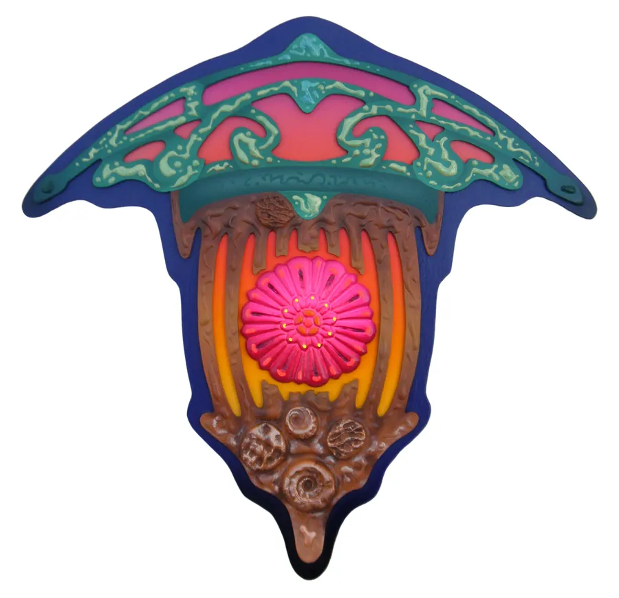 A lantern-like form with a teal canopy, glowing orange ribs, a pink flower and shells below.