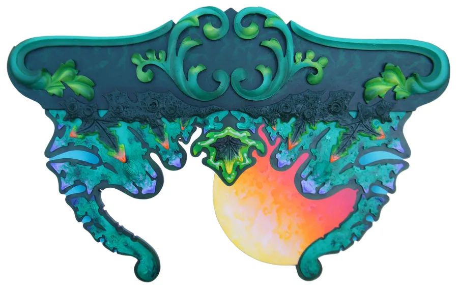 An ornate teal crest of scrolls and leaves curving over a glowing yellow-orange sun.