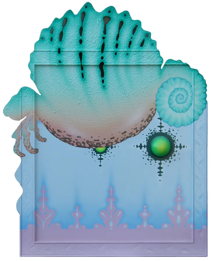 A shaped relief: a teal shell and a spiral ammonite float over a pale blue field with a glowing green orb.