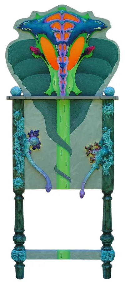 A slender green cabinet on turned legs, crowned with a cobra-like hood in teal, orange and blue.