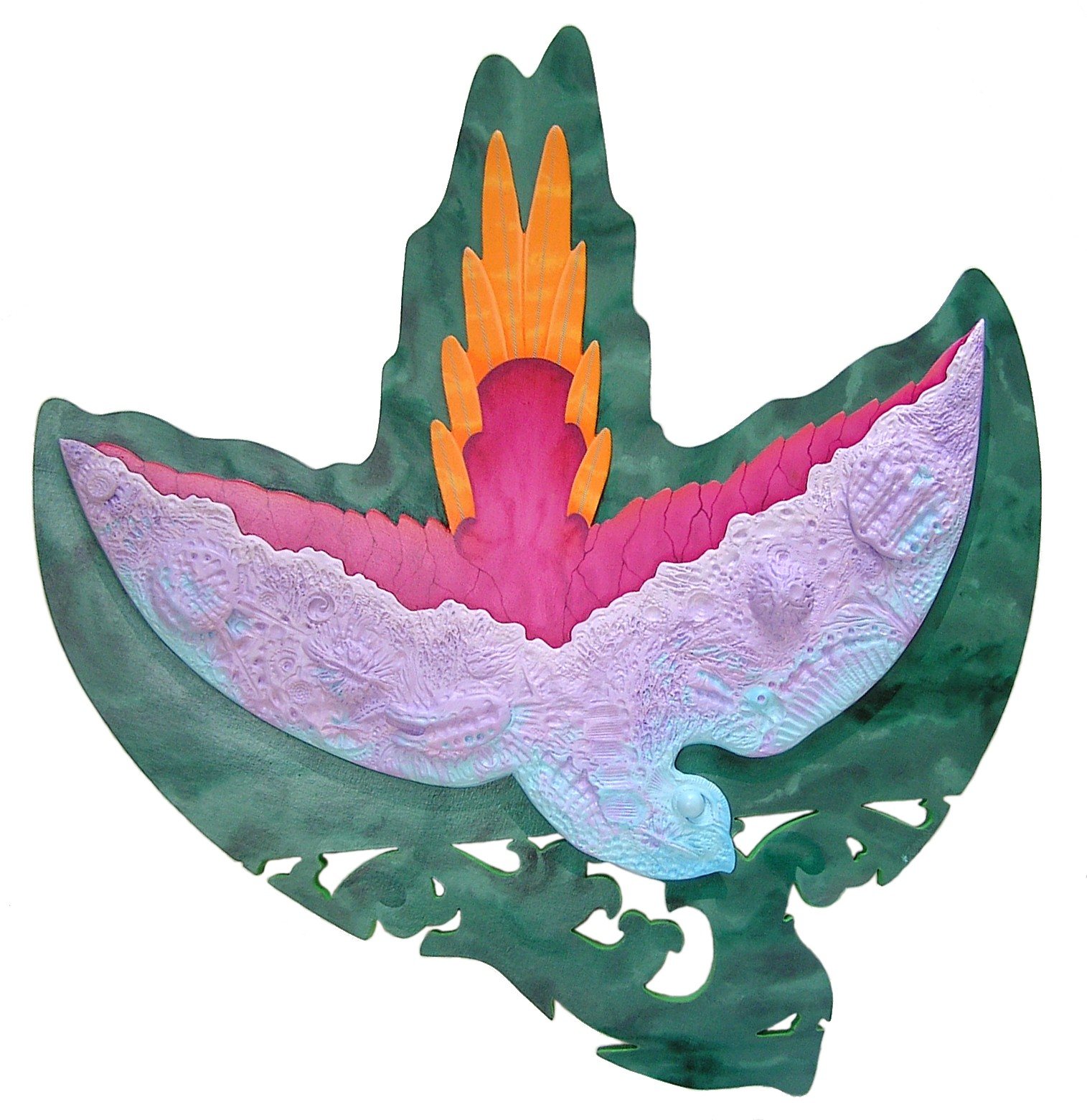 A pale pink bird with spread wings inside a dark green leaf, carved in relief.