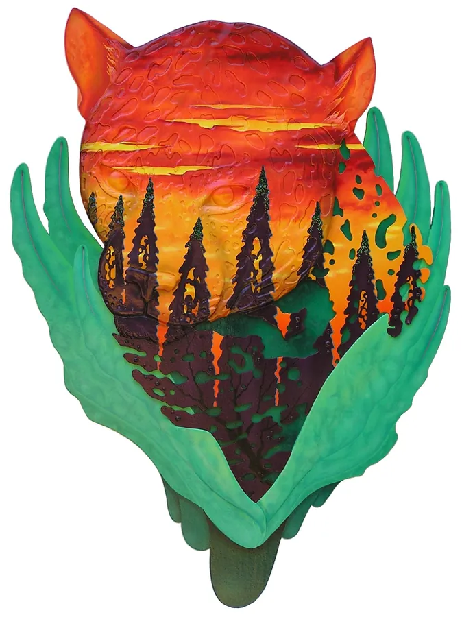 A cat's-head silhouette filled with a sunset over a dark forest, cradled by green leaves.