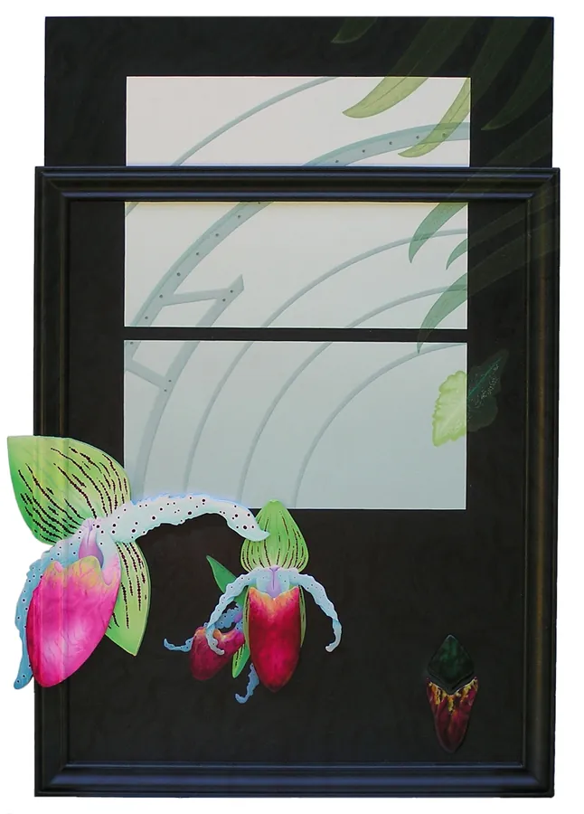 A painted window in a black frame, with lady's slipper orchids along the sill.