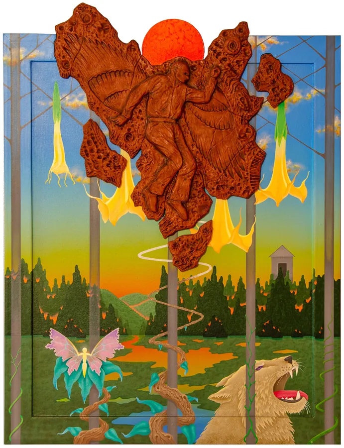 A carved brown relief of entwined figures hangs above a painted sunset landscape with yellow trumpet flowers, a fairy and a roaring wildcat.