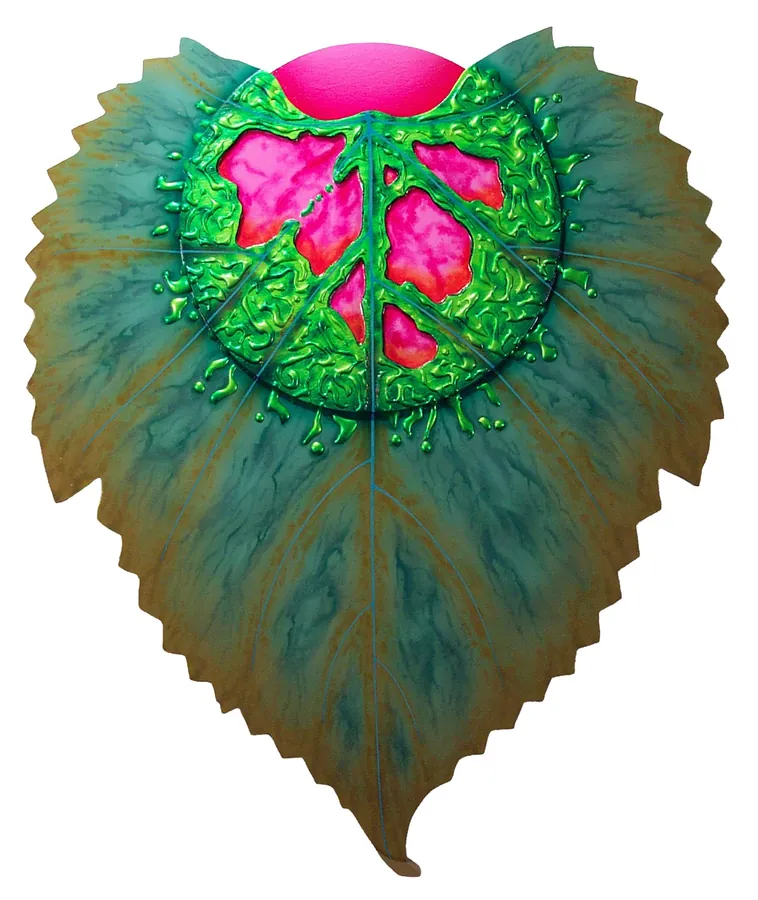 A leaf-shaped relief in teal and ochre around a raised green peace sign over pink.