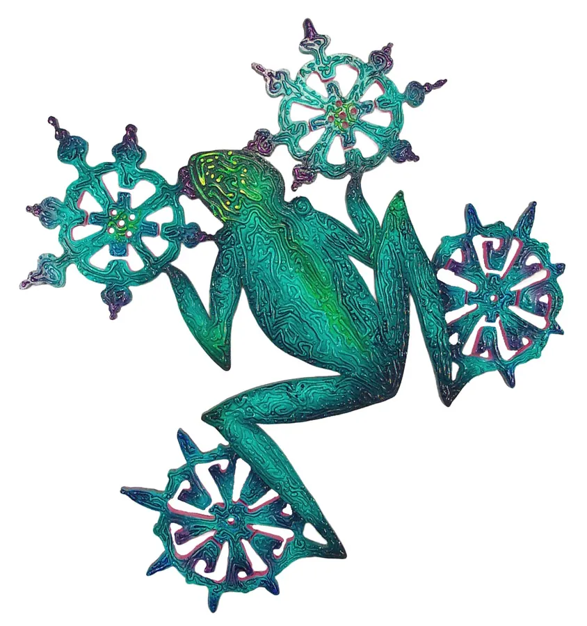 A green frog climbing among four teal, snowflake-like wheels.