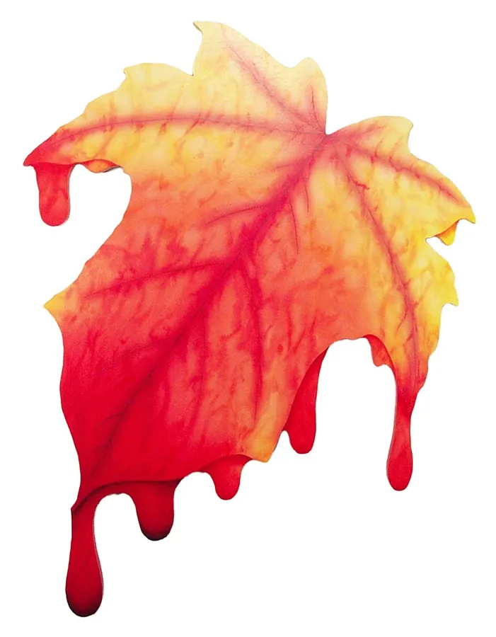 A red-and-yellow maple leaf dripping at its base.