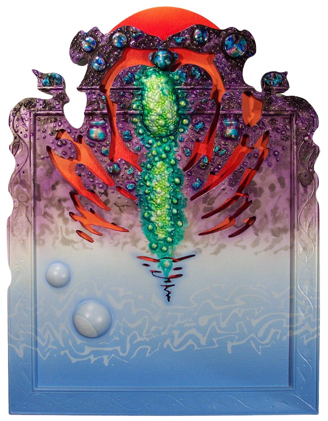 A carved panel with a jeweled green column and purple crown above a pale blue field with two pearl-like orbs.