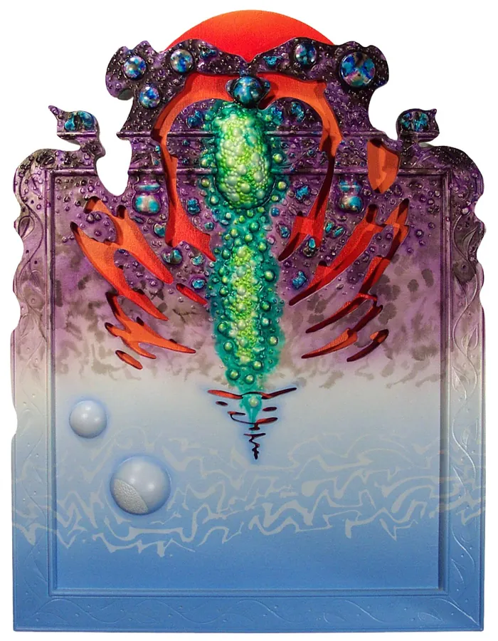 A carved panel with a jeweled green column and purple crown above a pale blue field with two pearl-like orbs.