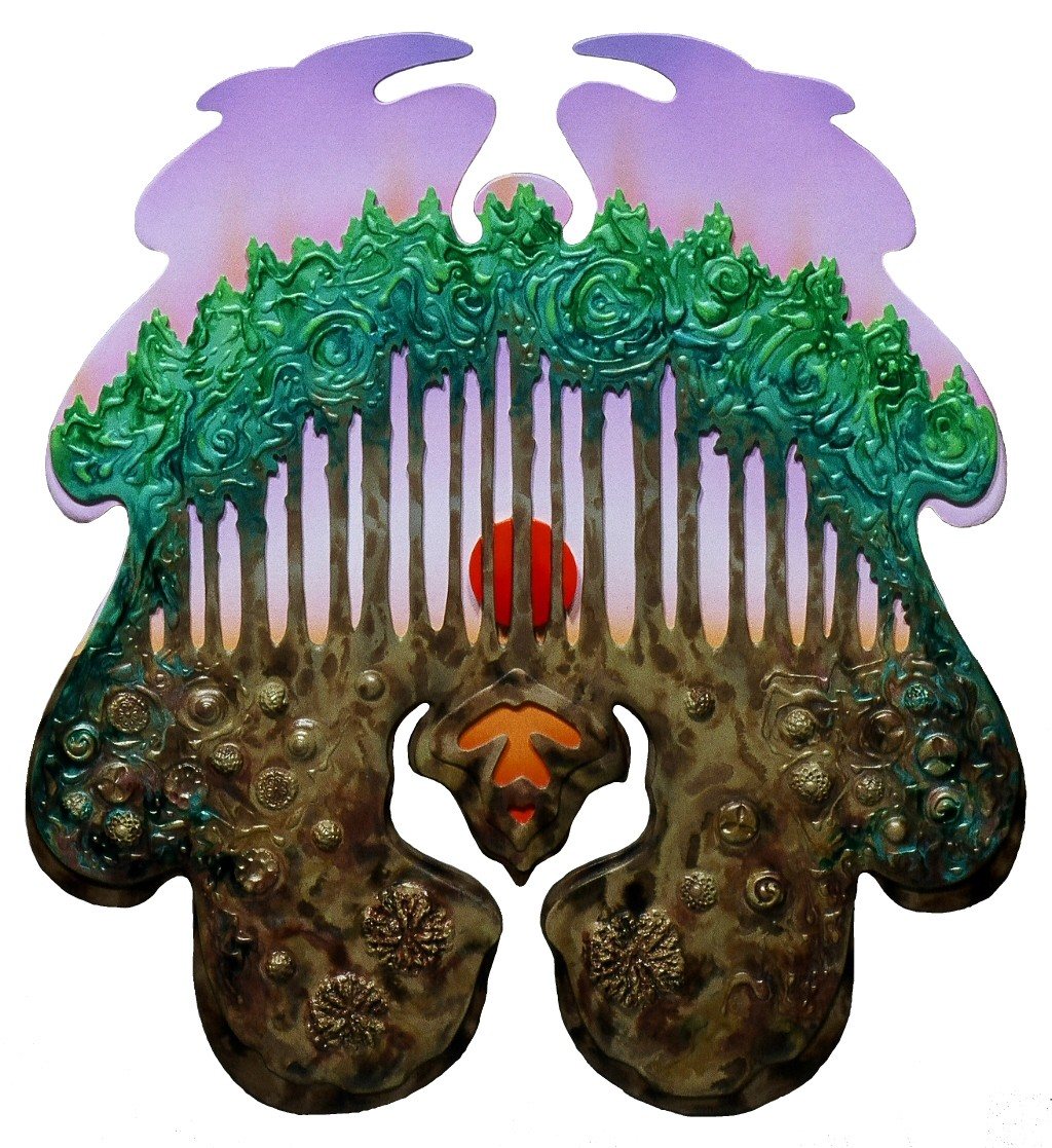 A shaped relief: green tree crowns and pale trunks over a brown, studded ground, with a red sun and an orange creature at its center.