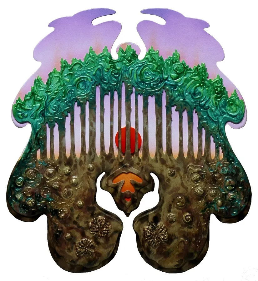 A shaped relief: green tree crowns and pale trunks over a brown, studded ground, with a red sun and an orange creature at its center.