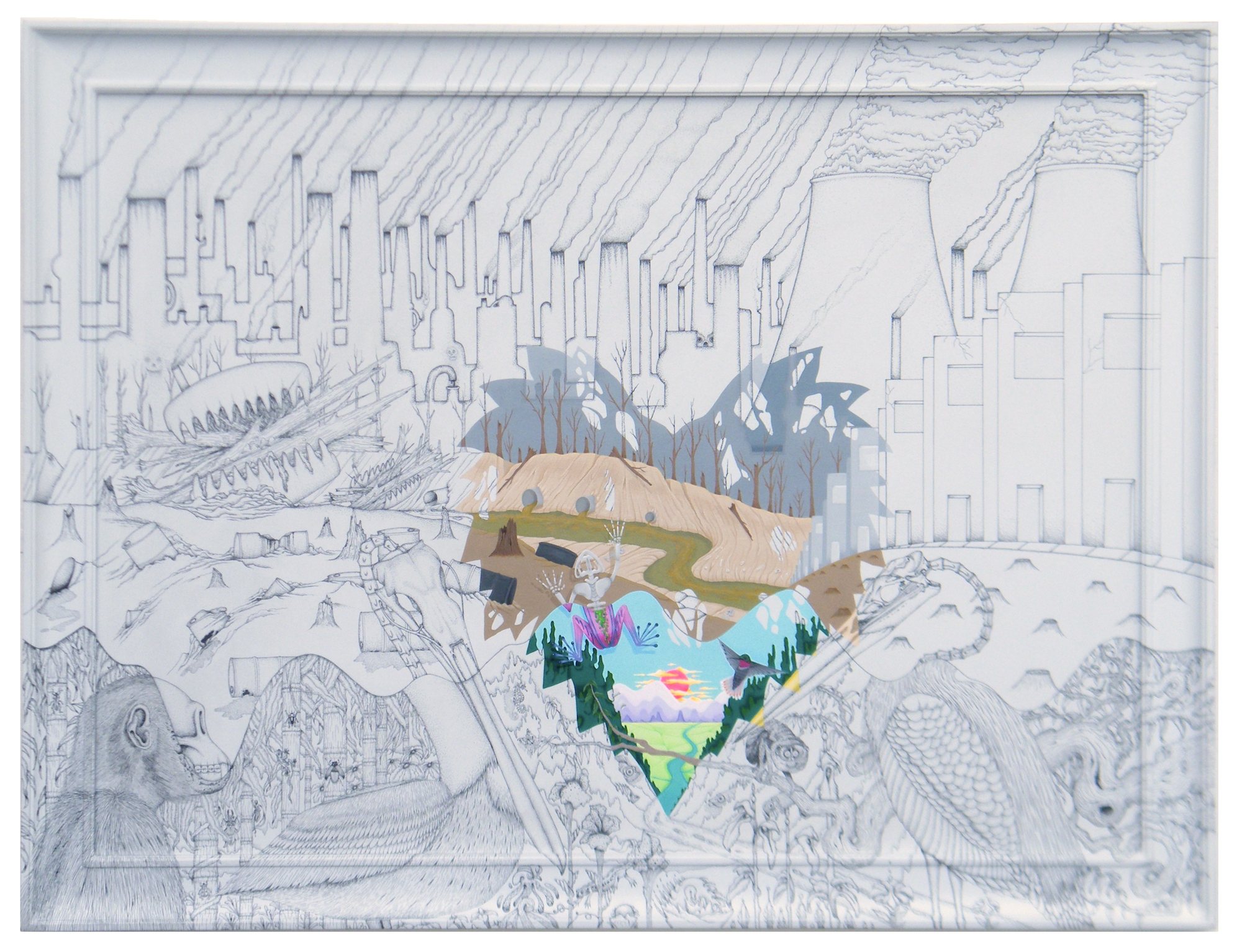 A pale architectural drawing opens onto a colorful alternate world.
