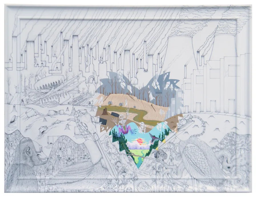 A pale architectural drawing opens onto a colorful alternate world.