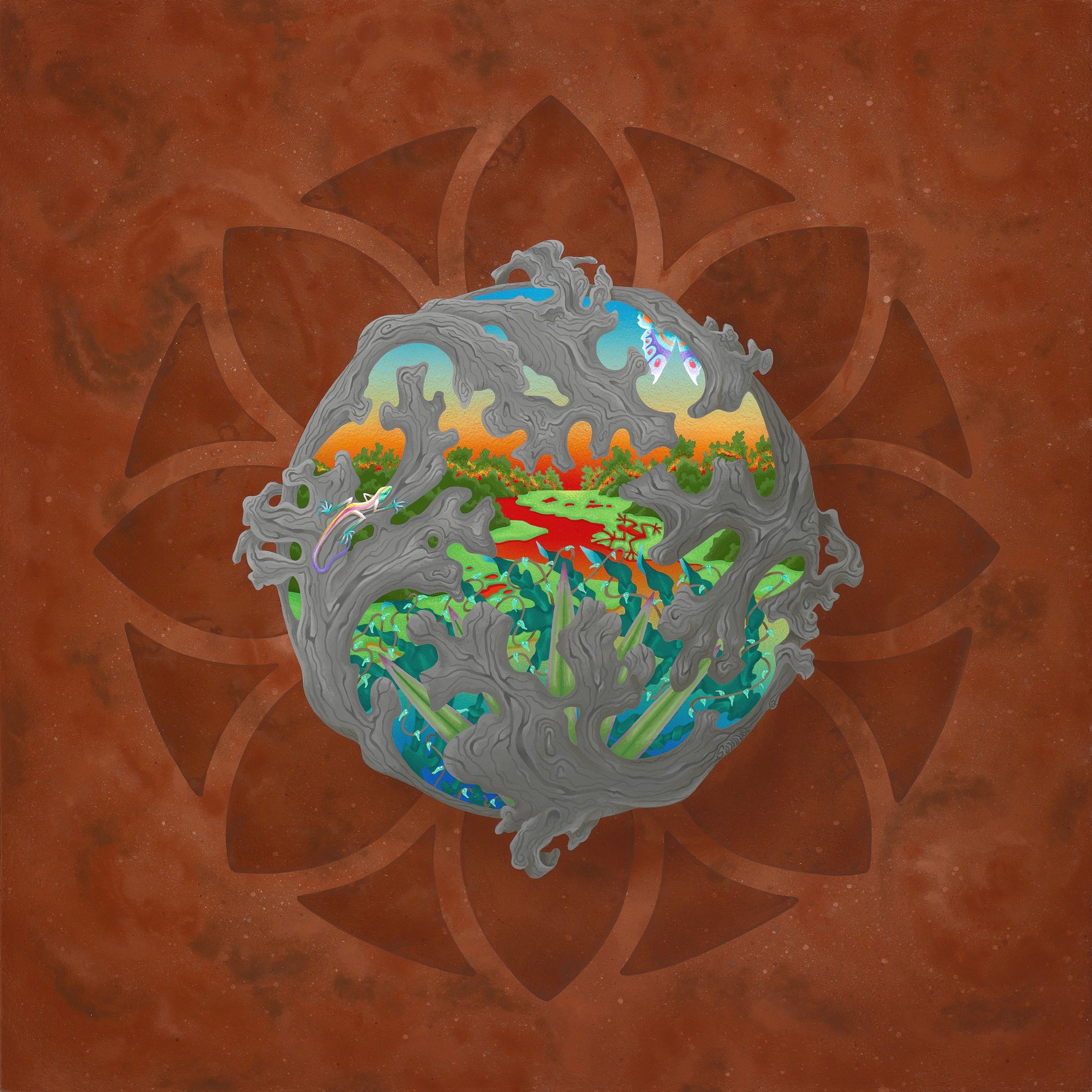 A small, intricate world of plants and animals held within a seed-like form.