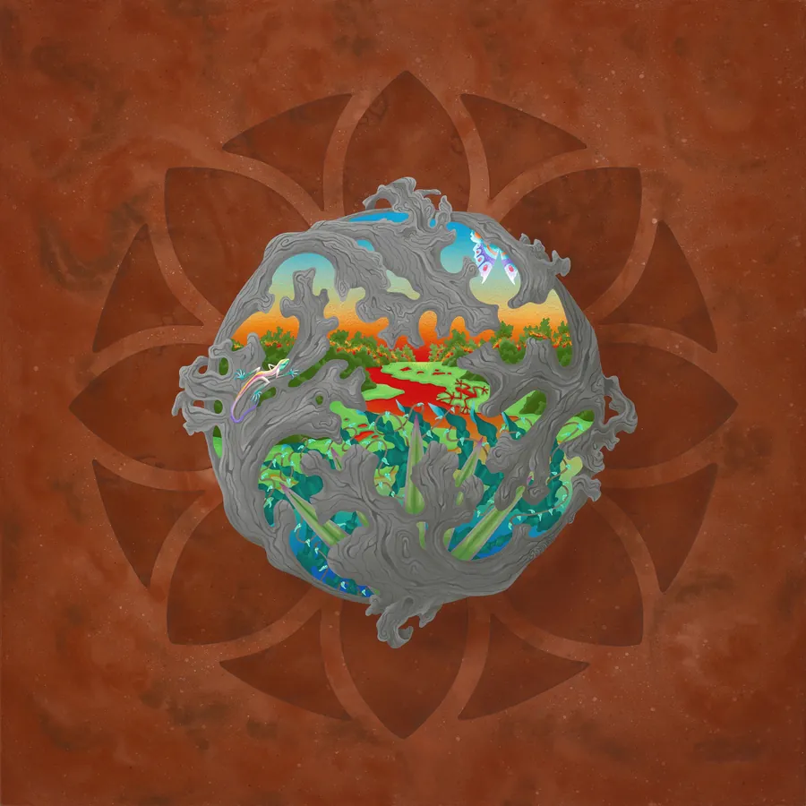 A small, intricate world of plants and animals held within a seed-like form.