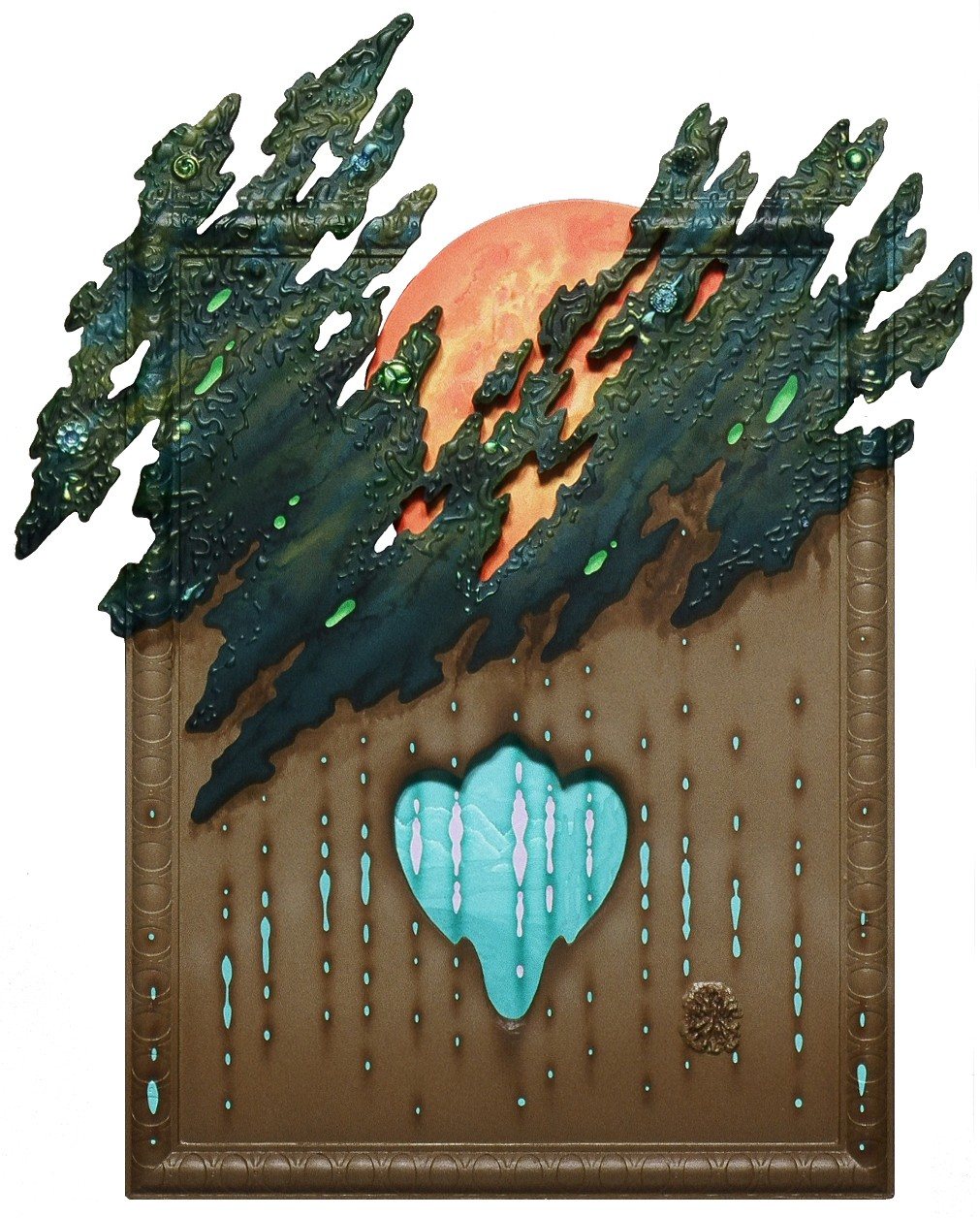 Dark, windswept trees spill over the top of a carved brown frame before an orange sun, a turquoise heart at its center.