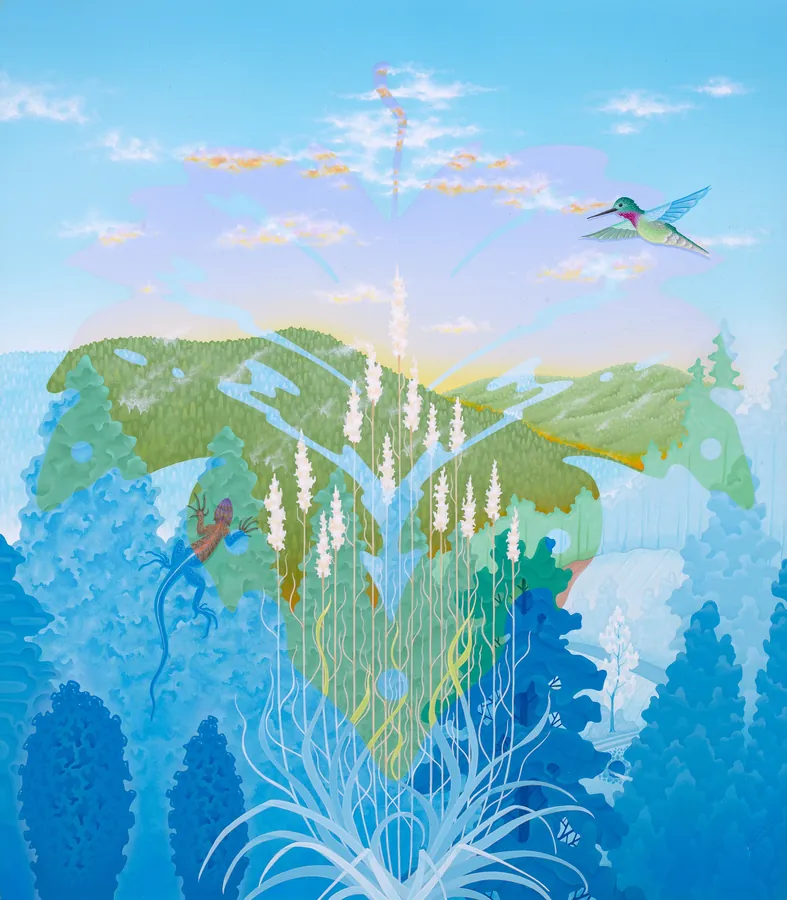 An airborne landscape above branching roots and water, with a bird against a luminous blue sky.