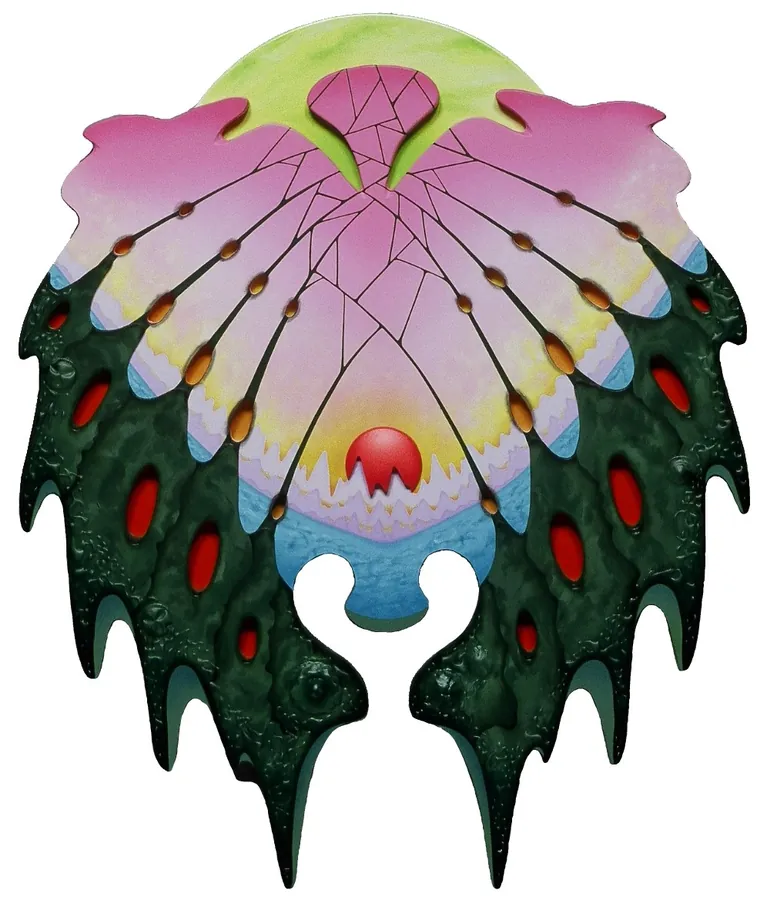 A shaped relief: pink fan-like wings edged in dark green, red-spotted drips, around a red sun beneath a pale green moon.