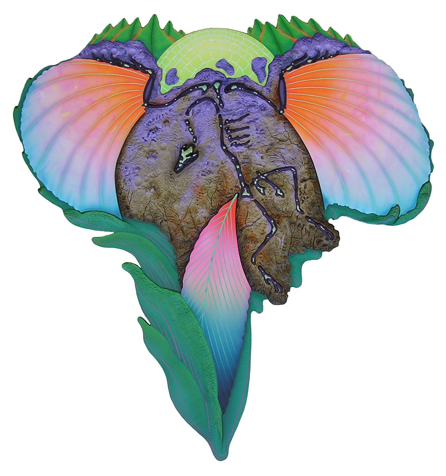 A shaped relief: a brown creature between two fan-shaped wings of orange, pink and blue, above green leaves and beneath a pale green moon.
