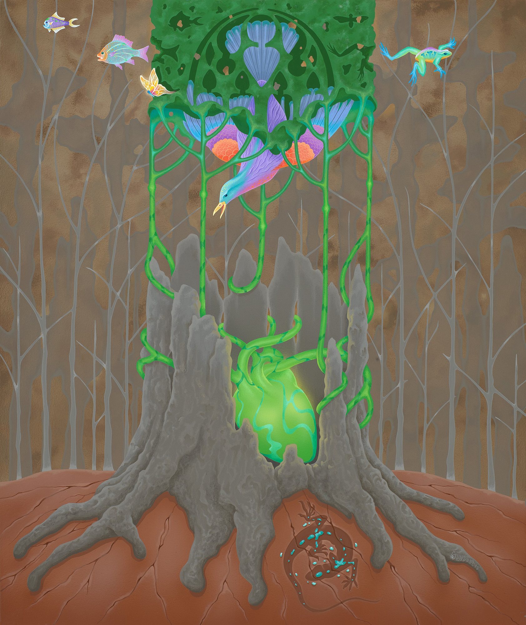 A tree-like network of vivid green forms, roots and branches against an earthy backdrop.