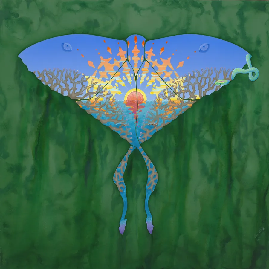 A blue winged form opens into a glowing landscape against a green forest.